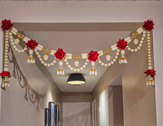 Luxurious Red Rose Pearl Toran / Bandhanwar with Side Hangings