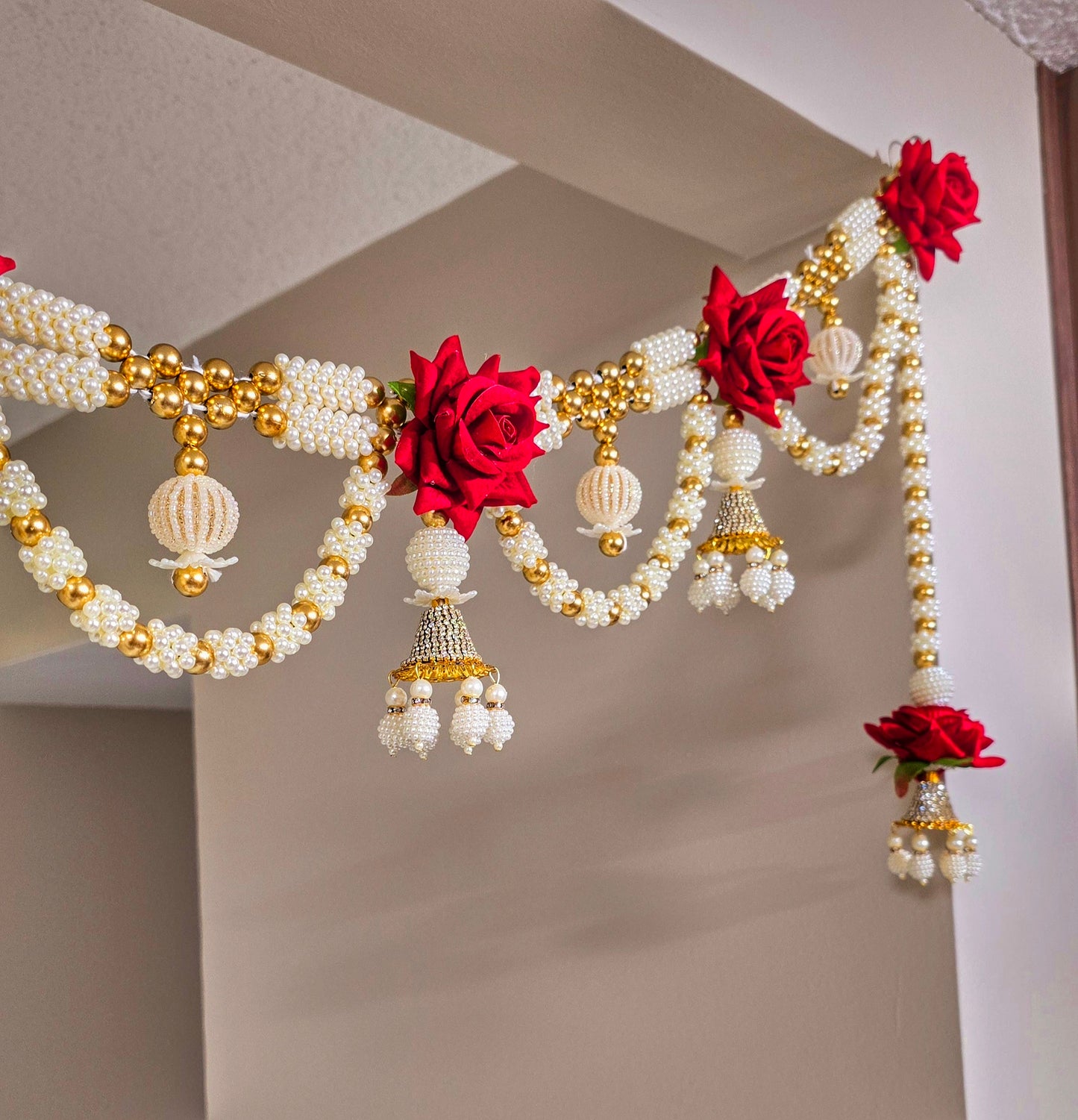 Luxurious Red Rose Pearl Toran / Bandhanwar with Side Hangings
