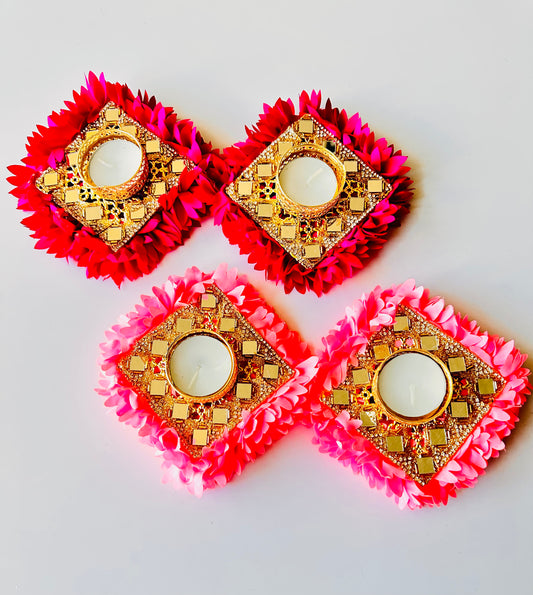 Gold Mirror Work Floral Tealight Holders - Pair