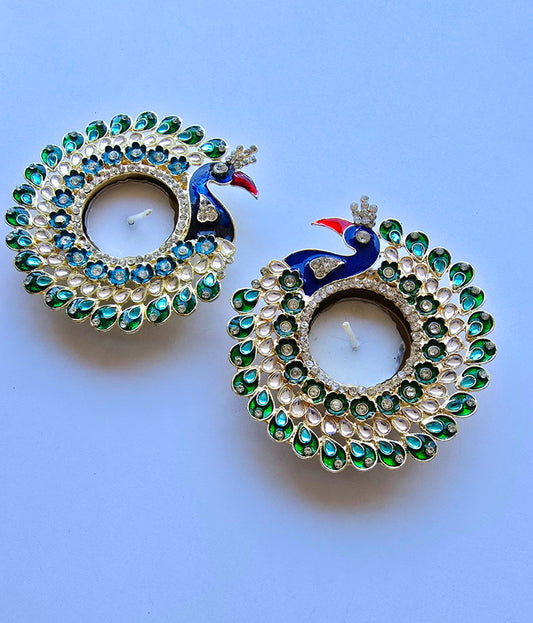 Premium Peacock Tea Light Holders pair