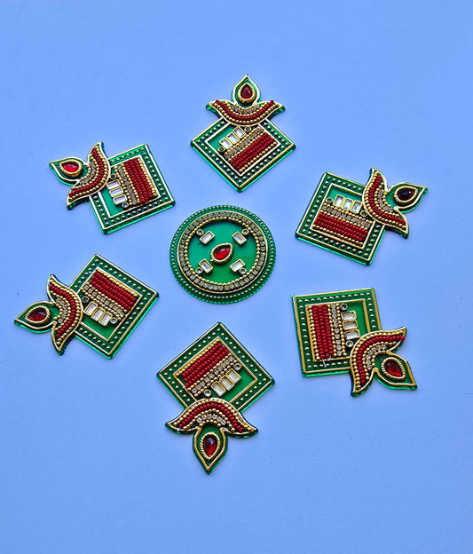 Diya Shape Rangoli Set – Kundan & Pearl Work