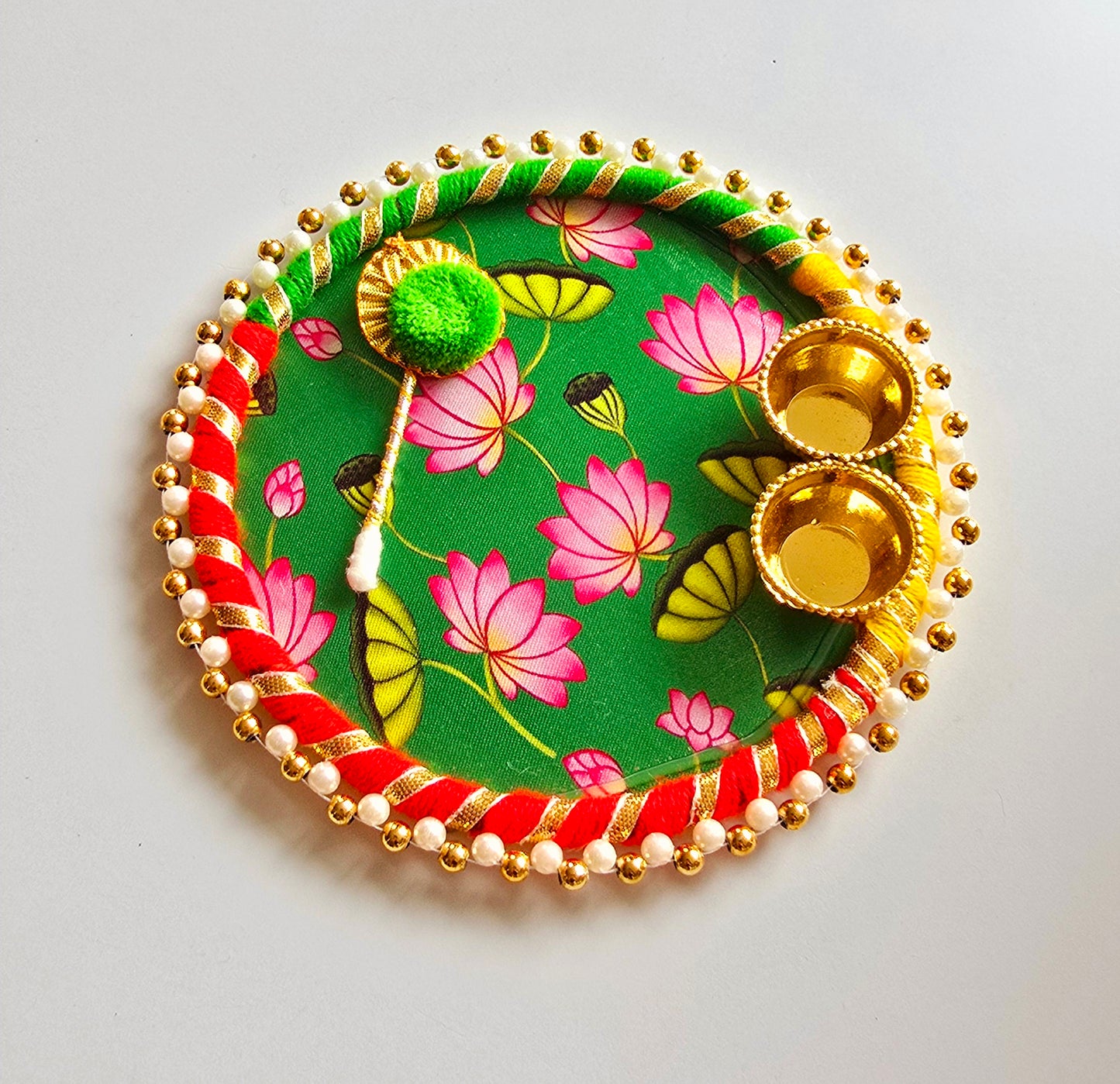 Lotus Print Puja Platter with Pearl Border