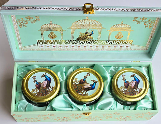 Peacock Paradise Luxury Gift Box with 3 Matching Jars - Mint Green Royal Design