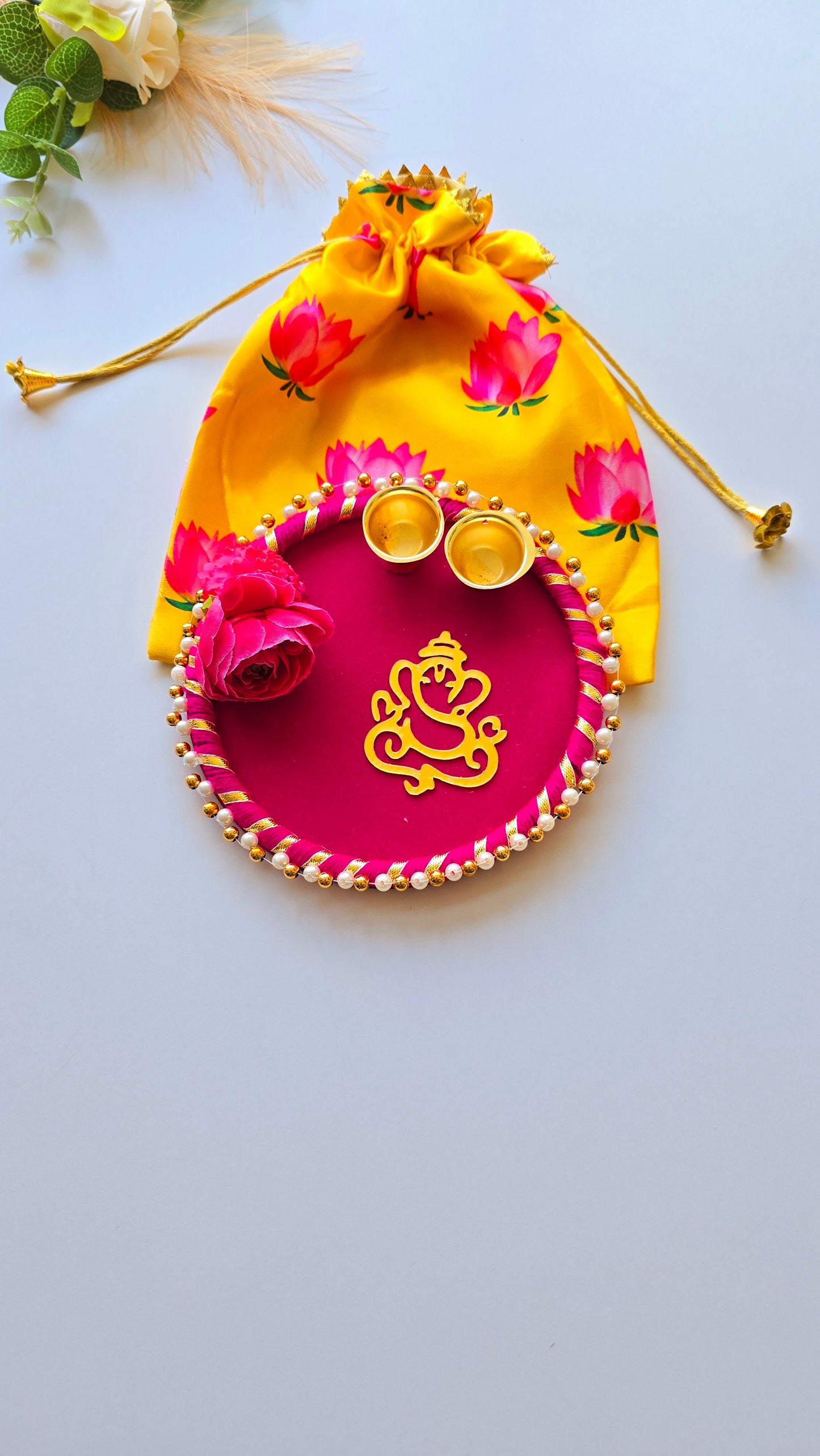 Velvet Puja Thali with Satin Lotus Potli Bags