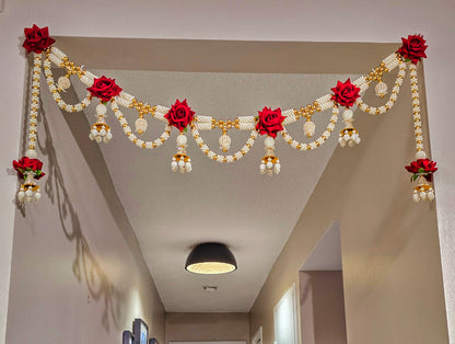 Luxurious Red Rose Pearl Toran / Bandhanwar with Side Hangings