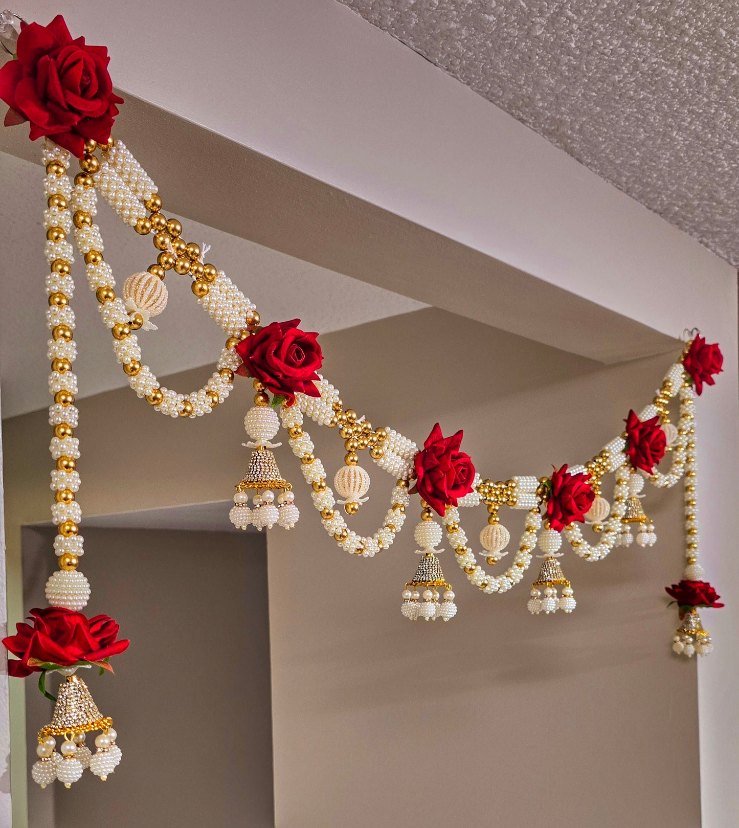 Luxurious Red Rose Pearl Toran / Bandhanwar with Side Hangings