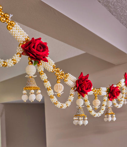 Luxurious Red Rose Pearl Toran / Bandhanwar with Side Hangings