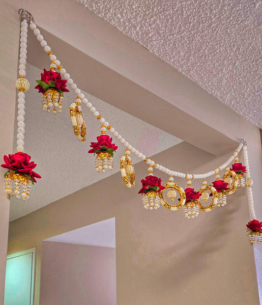 Luxury Red Rose & Pearl Toran / Bandhanwar with Side Hangings