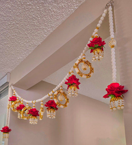Luxury Red Rose & Pearl Toran / Bandhanwar with Side Hangings