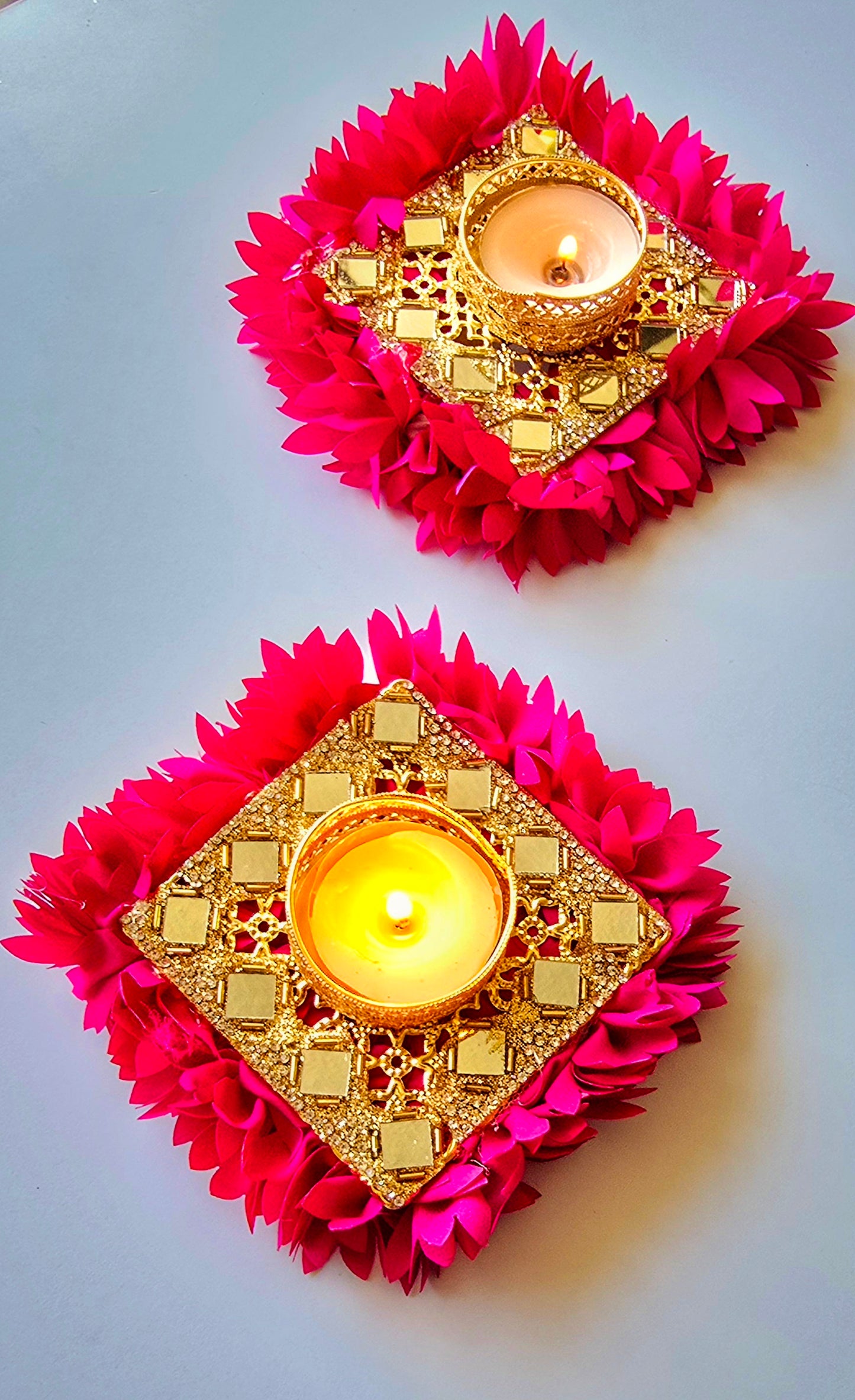 Gold Mirror Work Floral Tealight Holders - Pair