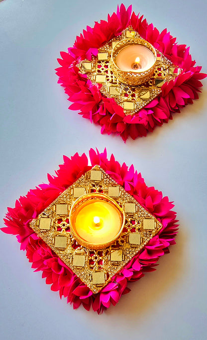 Gold Mirror Work Floral Tealight Holders - Pair