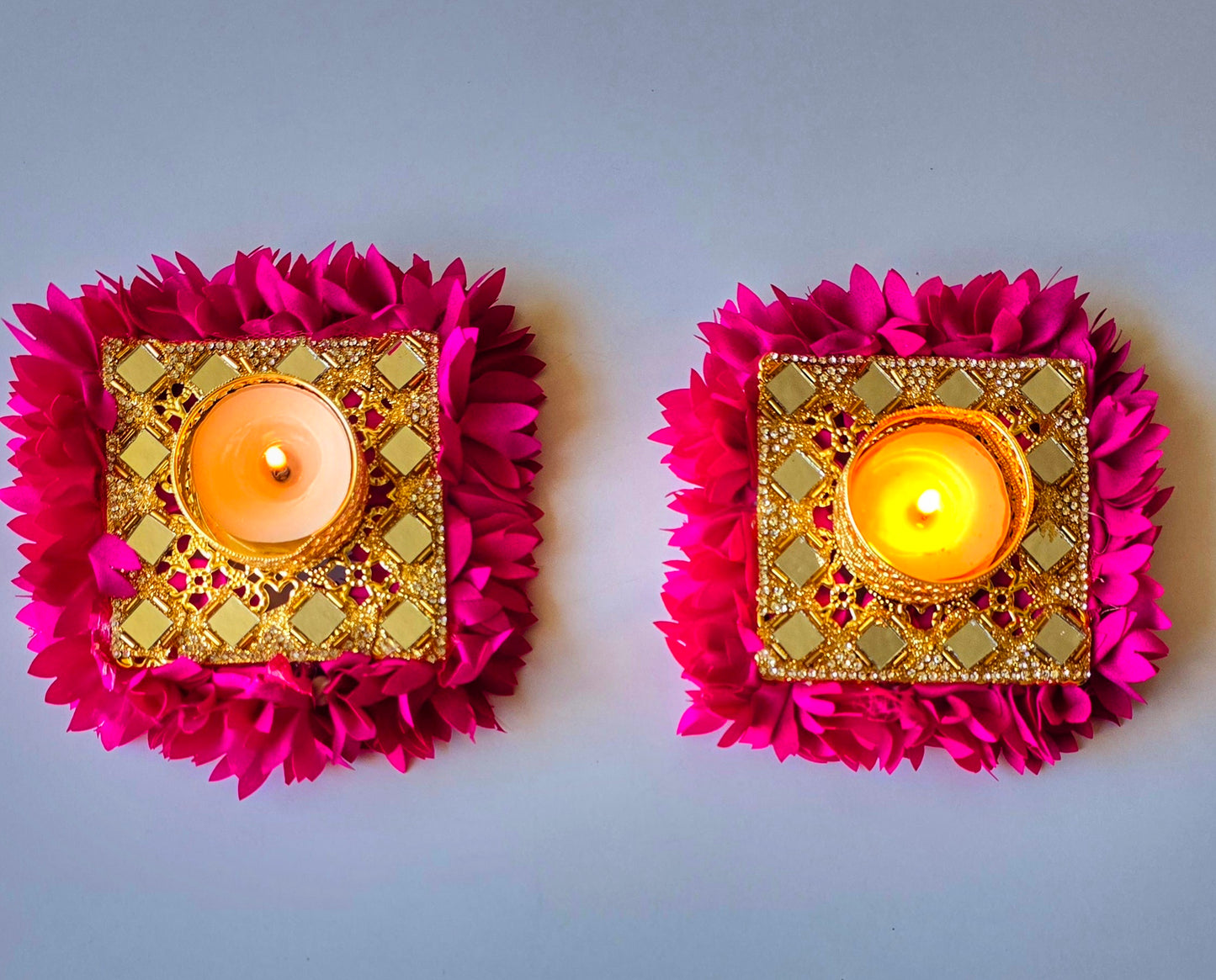 Gold Mirror Work Floral Tealight Holders - Pair