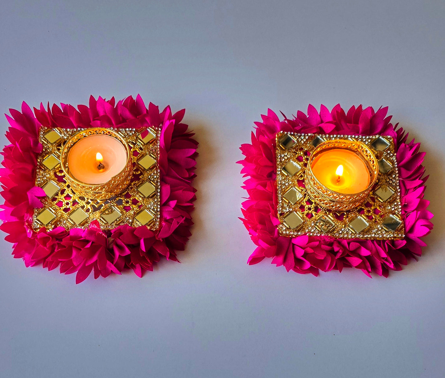 Gold Mirror Work Floral Tealight Holders - Pair