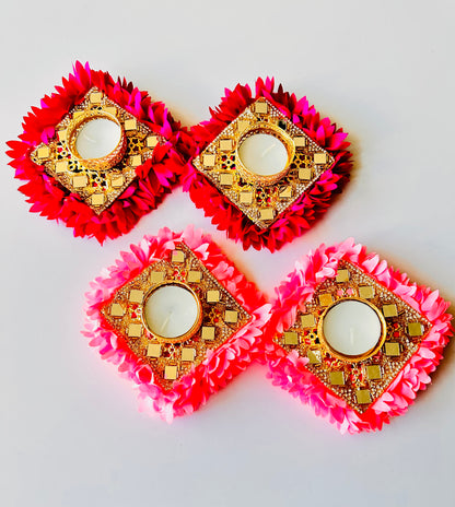 Gold Mirror Work Floral Tealight Holders - Pair