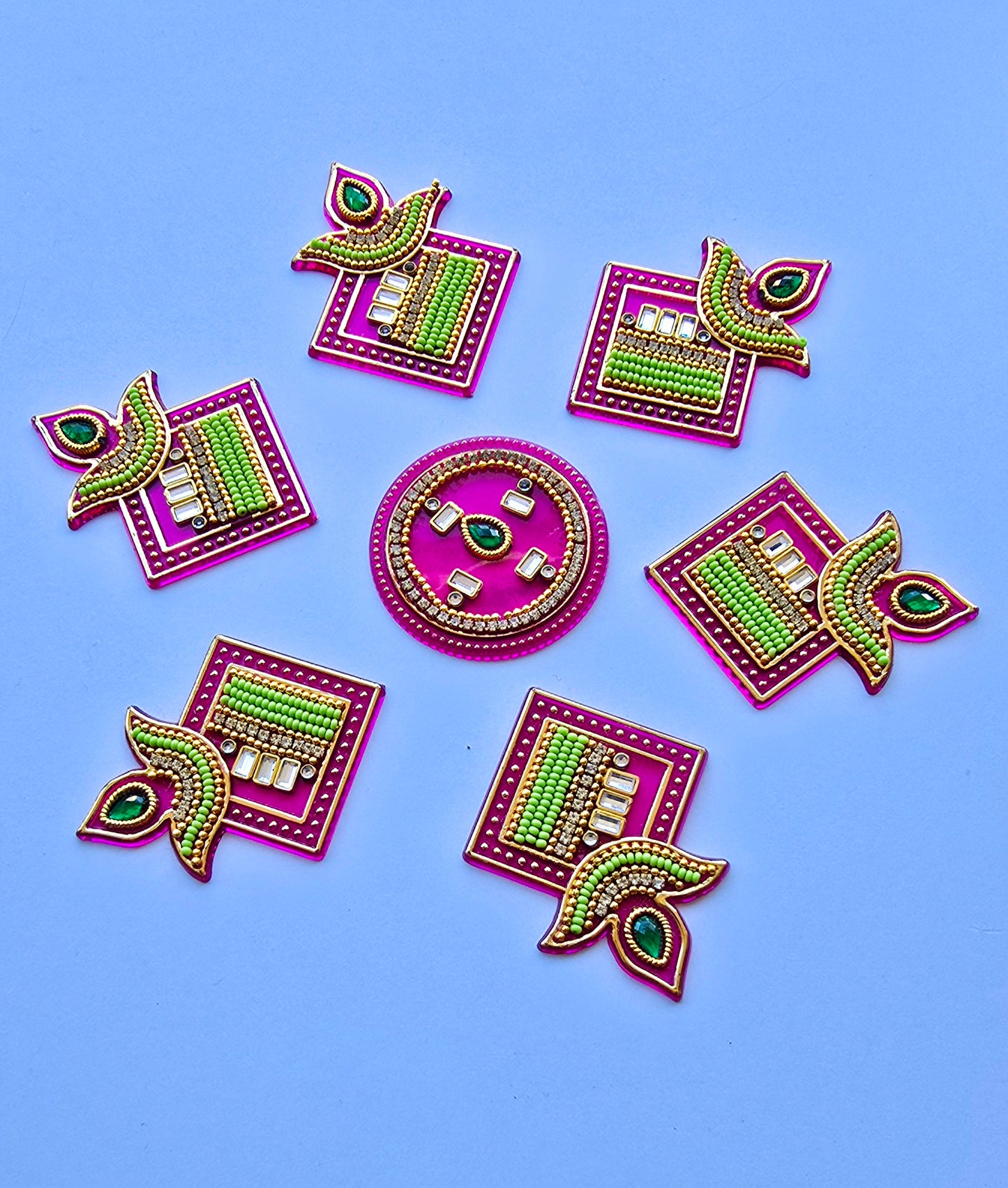 Diya Shape Rangoli Set – Kundan & Pearl Work