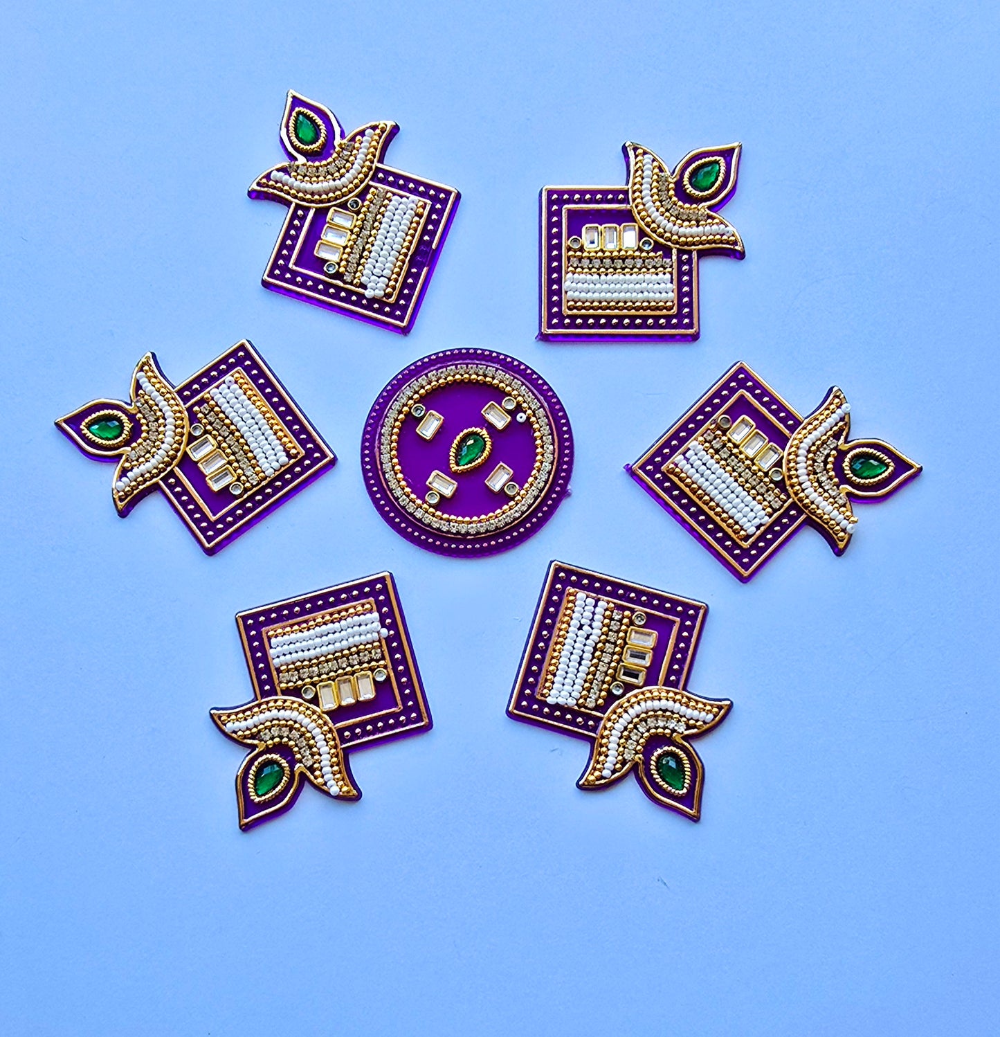 Diya Shape Rangoli Set – Kundan & Pearl Work