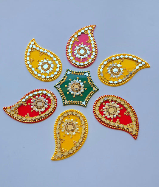Acrylic Paisley Rangoli Set - Multicolor Kundan & Mirror Work Floor Decor