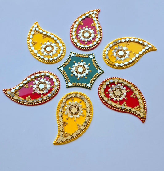 Acrylic Paisley Rangoli Set - Multicolor Kundan & Mirror Work Floor Decor