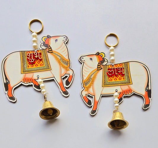 Cow Shubh Labh Pair with Golden Bell & Pearl Chain