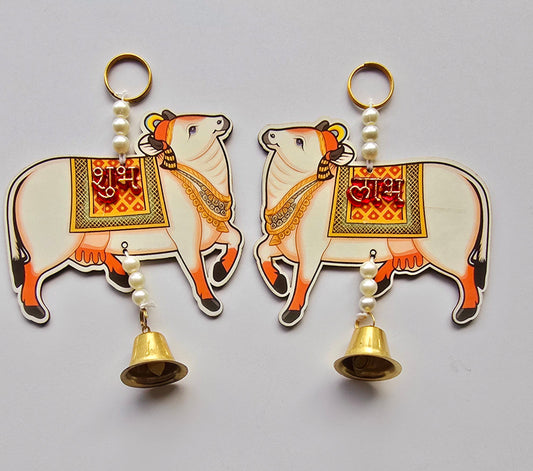 Cow Shubh Labh Pair with Golden Bell & Pearl Chain