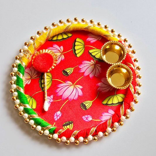 Lotus Print Puja Platter with Pearl Border