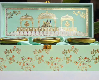 Peacock Paradise Luxury Gift Box with 3 Matching Jars - Mint Green Royal Design
