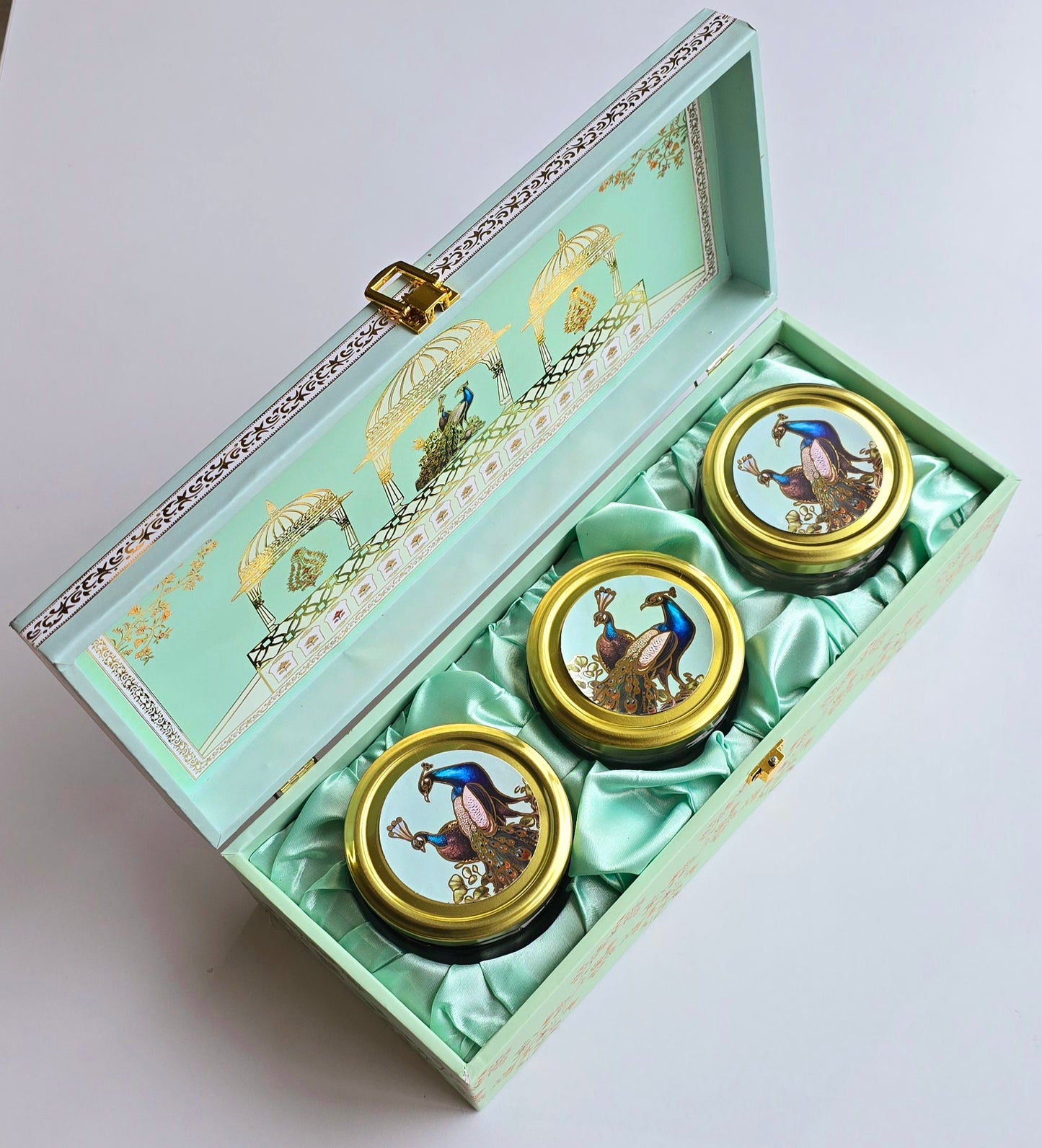 Peacock Paradise Luxury Gift Box with 3 Matching Jars - Mint Green Royal Design