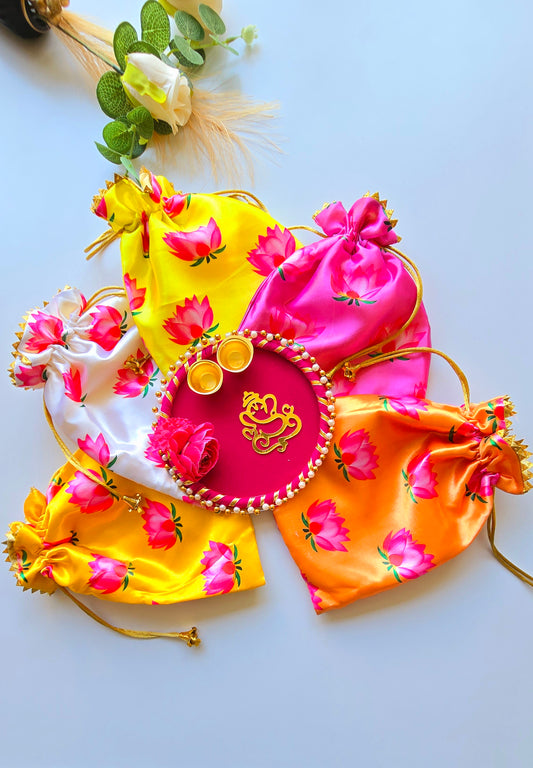 Velvet Puja Thali with Satin Lotus Potli Bags